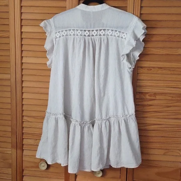 Free People Baby Blues Cream Ruffle Cap Sleeves Stripes Lace Baby Doll Tunic S - Picture 3 of 9